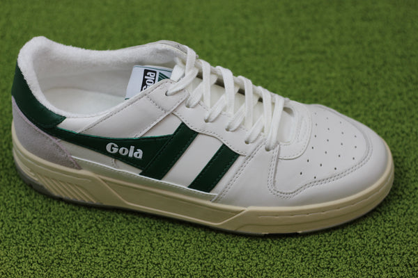 Men's All Court Sneaker - White/Green Leather Side Angle View