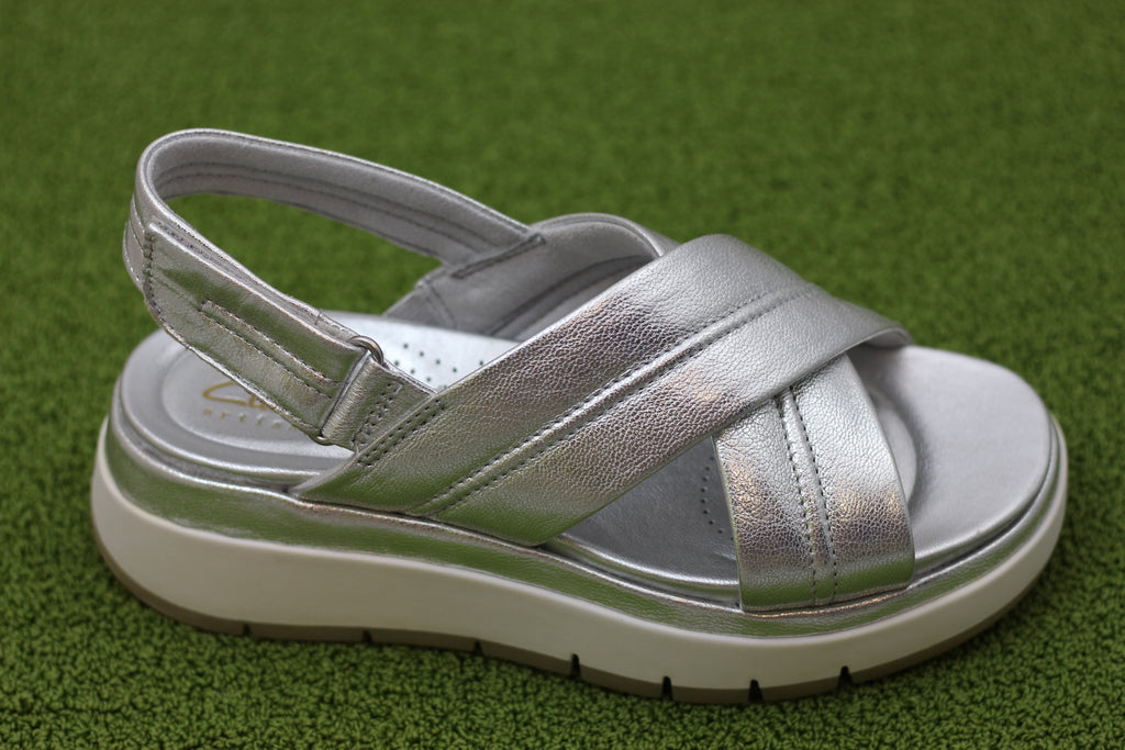 Women's Tuscan Cross Sandal - Silver Leather Side Angle View