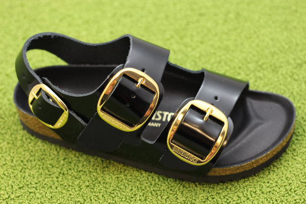 Women's Milano Big Buckle Sandal - Black Patent Side Angle View