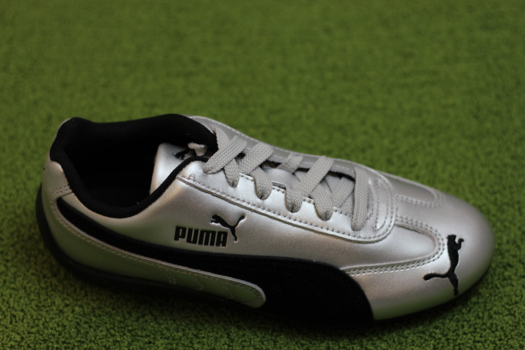 Womens Speedcat Sneaker- Silver/Black Leather Side Angle View