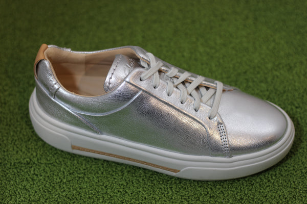 Women's Hollyhock Walk Sneaker- Silver Leather Side Angle View