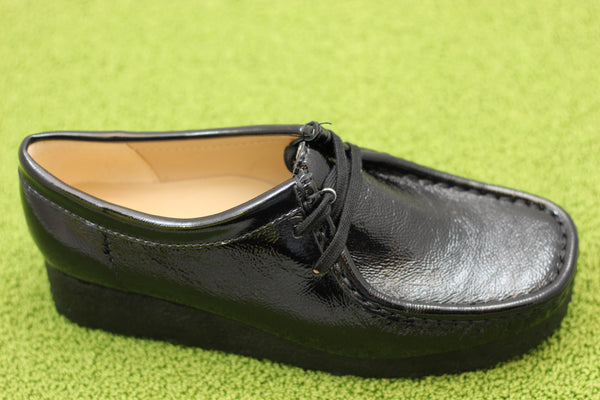 Women's Wallabee - Black Patent Side Angle View