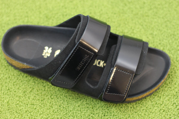 Women's Uji Hex Sandal - Black/Black Hi Shine Leather/Nubuck Side Angle View