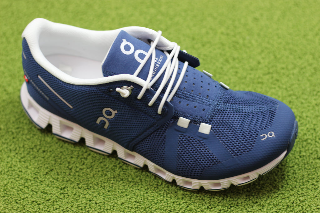 On Running Womens Cloud Sneaker - Denim/White Mesh Side Angle View