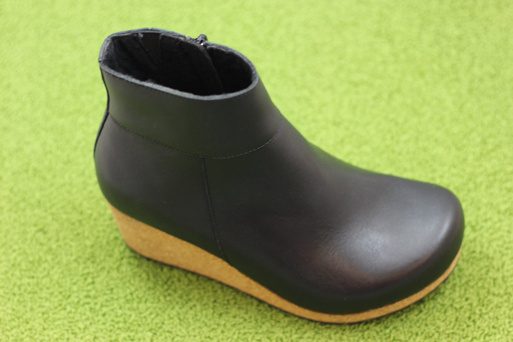 Papillio Women's Ebba Wedge Boot - Black Leather Side Angle View