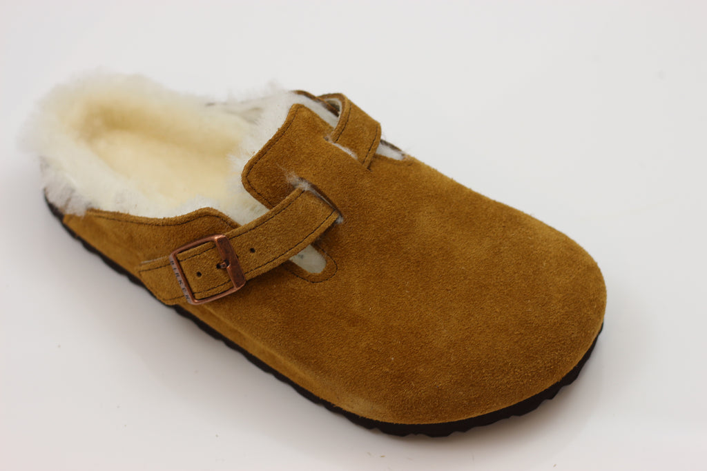 Birkenstock Women's Boston Shearling Clog - Mink Suede/Shearling Side Angle View