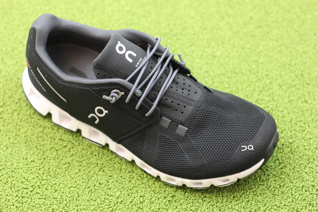 On Running Womens Cloud Sneaker - Black/White Mesh Side Angle View