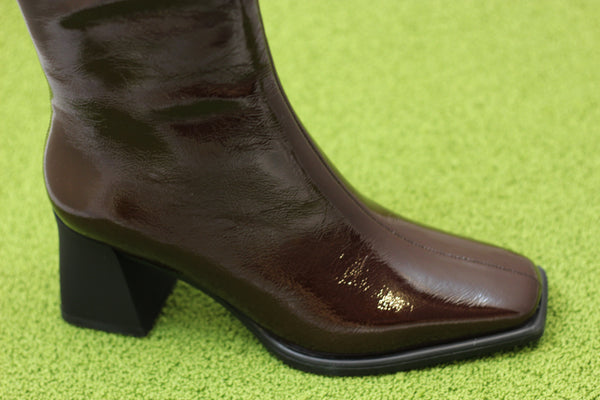 Womens Hedda Zip Boot - Chocolate Patent Side Angle View