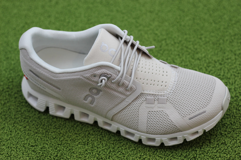 On Running Womens Cloud5 Sneaker - Pearl Mesh Side Angle View