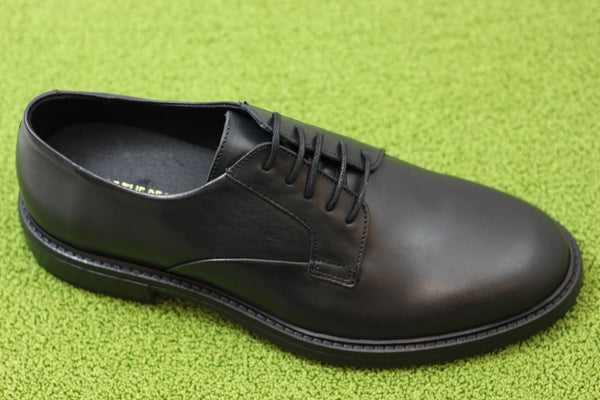 Mens Stanley Derby Oxford - Black Leather Side Angle View