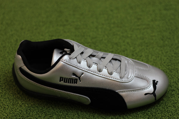 Womens Speedcat Sneaker- Silver/Black Leather Side Angle View