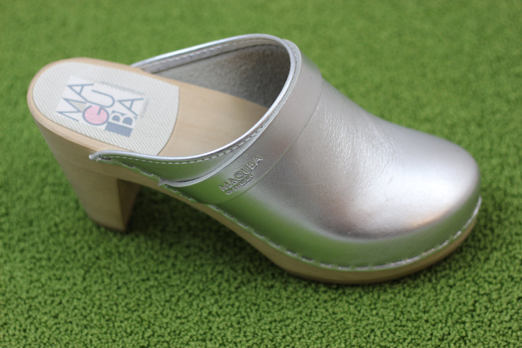 Maguba Women's Stockholm Clog - Silver Metallic Leather Side Angle View