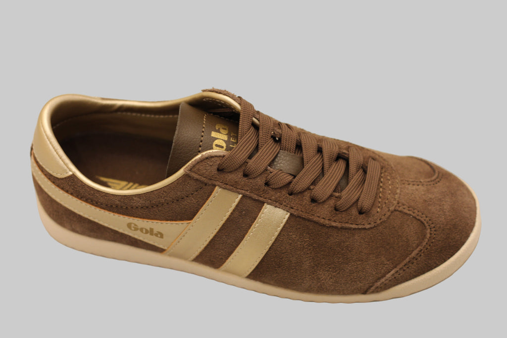 Women's Bullet Sneaker - Otter/Gold Suede/Leather S/ide Angle View