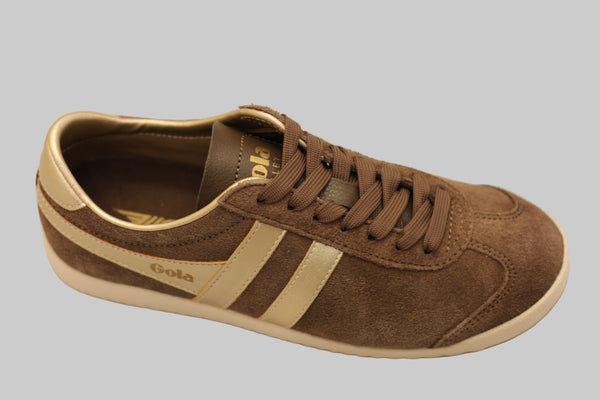 Women's Bullet Sneaker - Otter/Gold Suede/Leather S/ide Angle View