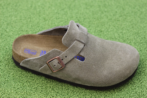 Women's Boston Clog - Taupe Suede Side Angle View