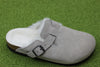 Women's Boston Shearling Clog - Stone Coin Suede/Shearling side angle view
