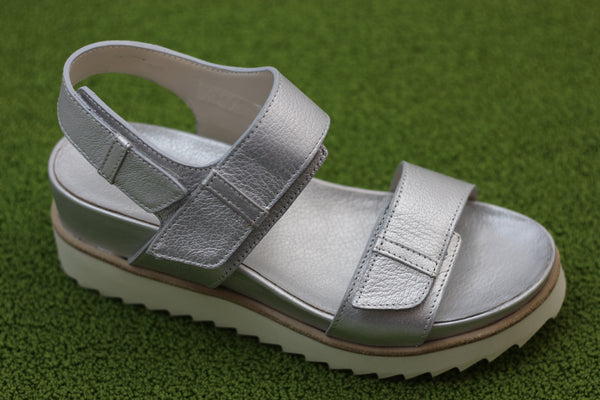 Women's Elba Velcro Sandal - Plata Metal Leather Side Angle View