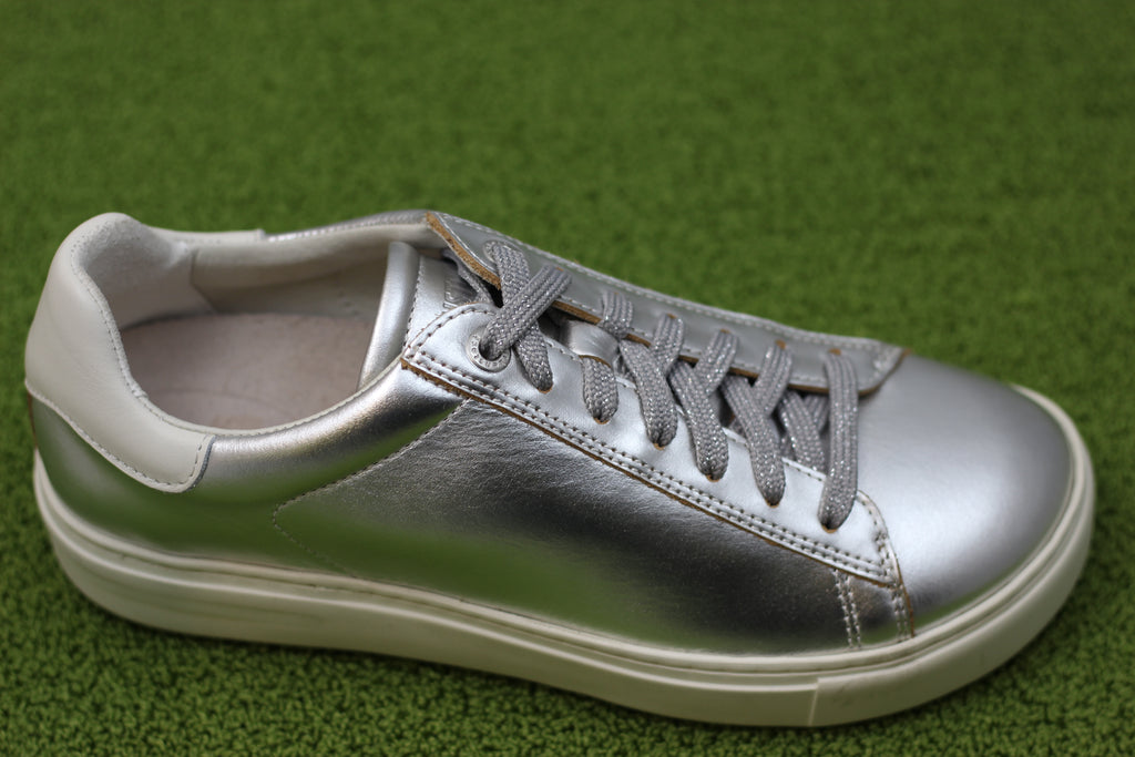 Women's Bend Sneaker - Silver Leather Side Angle View