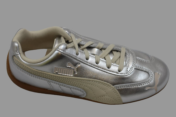 Womens Speedcat Sneaker- Silver/White Leather Side Angle View