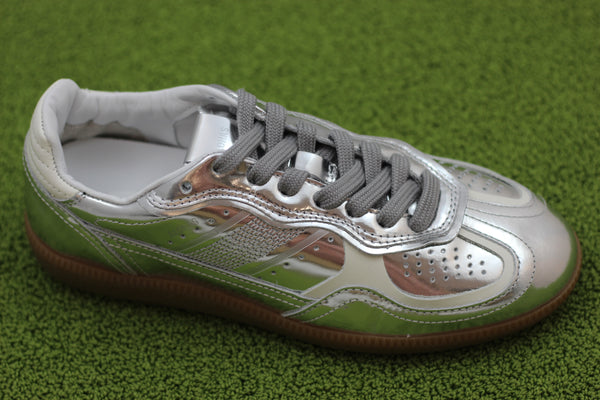 Womens Rife Shimmer Sneaker-Silver Leather Side Angle View