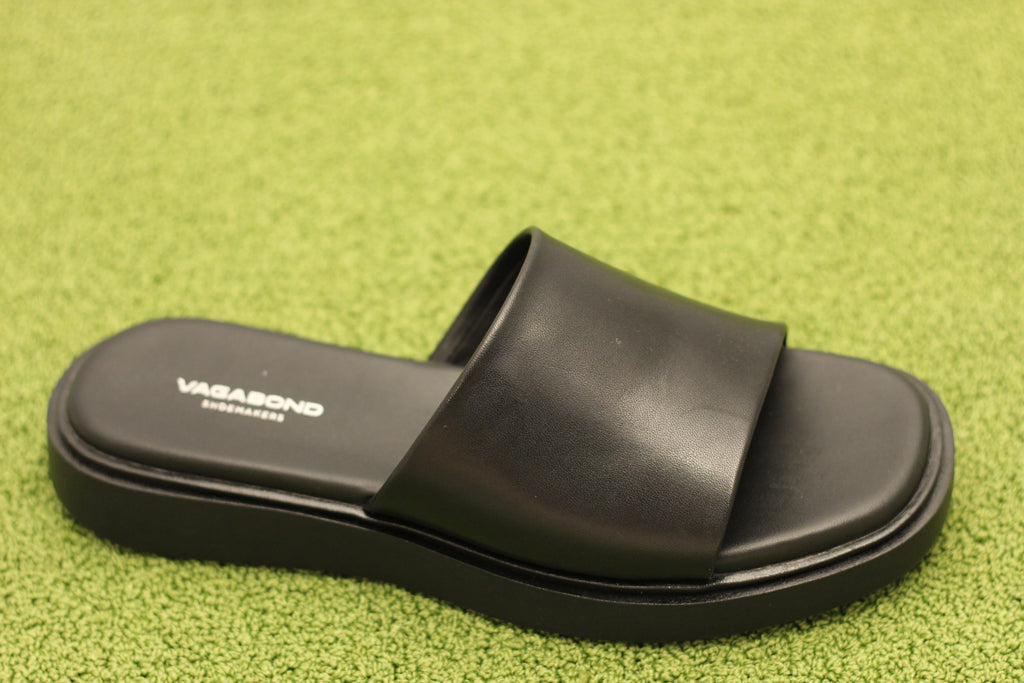 Womens Connie Slide Sandal - Black Leather Side Angle View