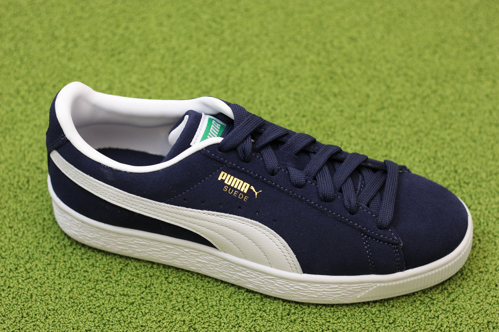 Unisex Suede Sneaker- Navy/White Leather Side Angle View
