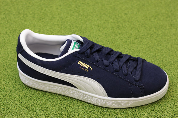 Unisex Suede Sneaker- Navy/White Leather Side Angle View