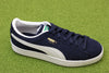 Unisex Suede Sneaker- Navy/White Leather Side Angle View