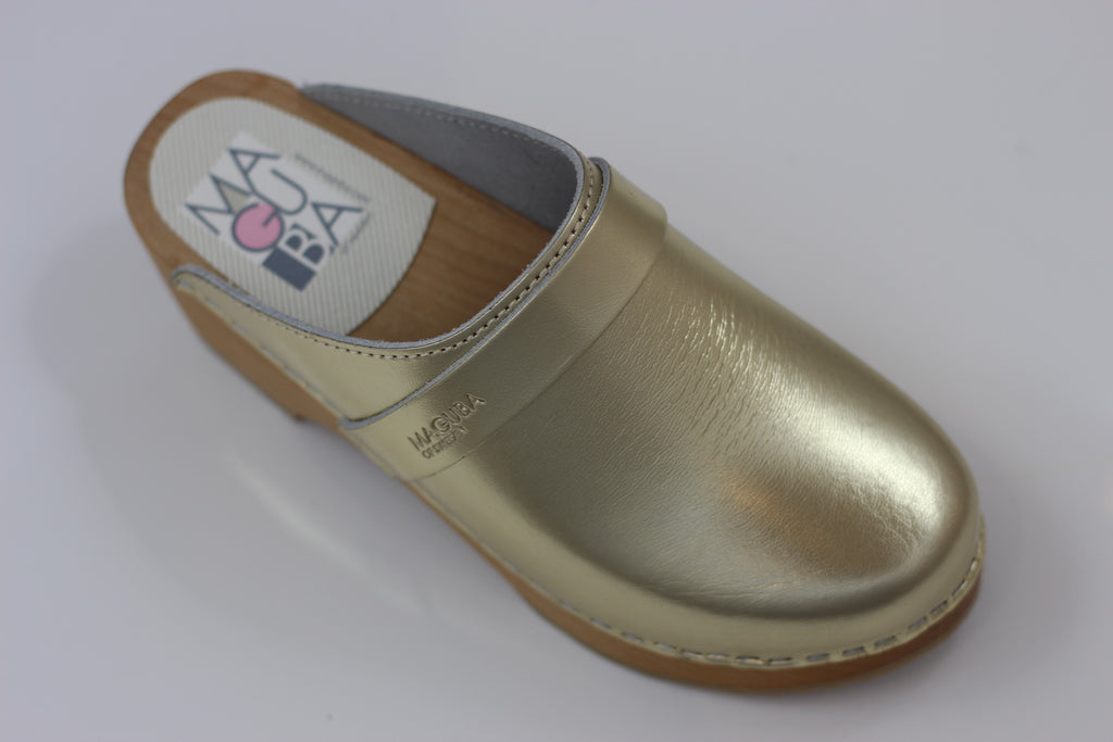 Maguba Women's Berkeley Clog - Gold Leather Side Angle View