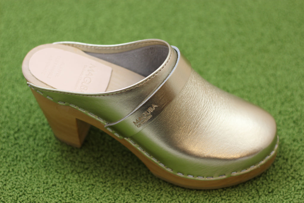 Maguba Women's Stockholm Clog - Gold Metallic Leather Side Angle View