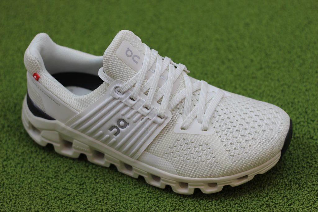 On Running Womens Cloud Swift Sneaker - All White Mesh Side Angle View