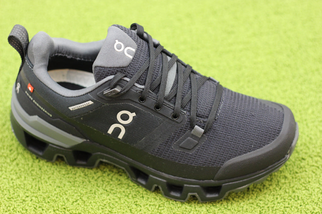 On Running Womens Cloudwander Waterproof Sneaker - Black Nylon/Synthetic Side Angle View