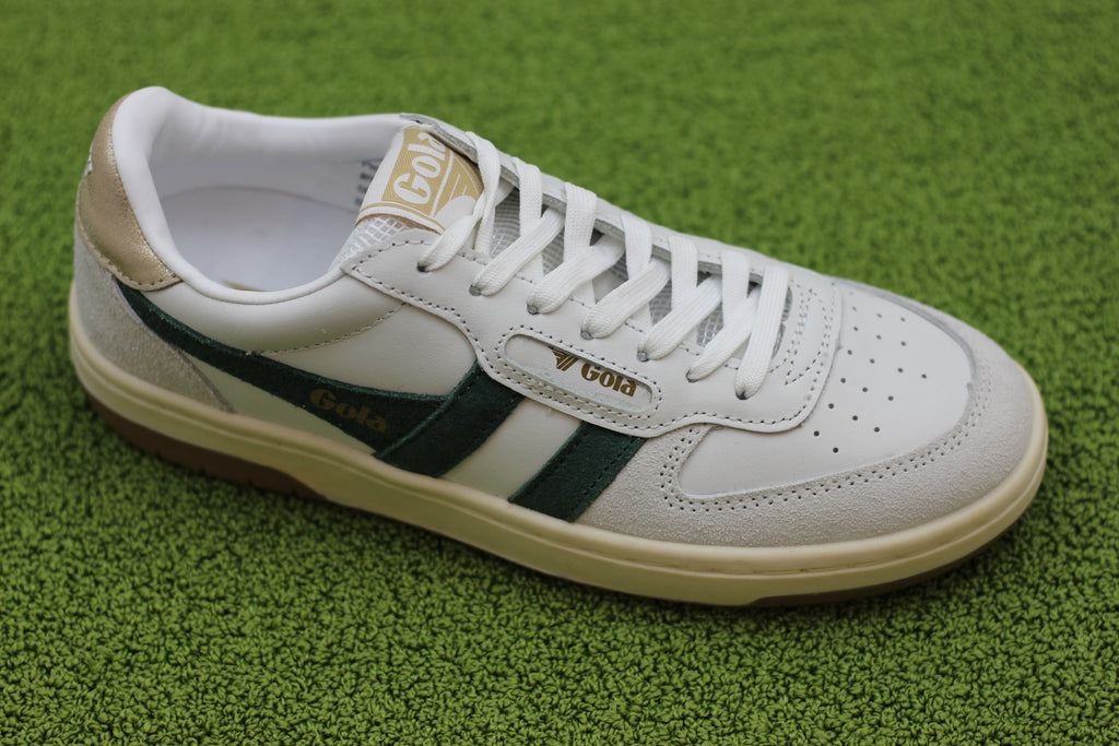 Gola Women's Hawk Sneaker - White/Dark Green/Gold Leather/Suede Side Angle View