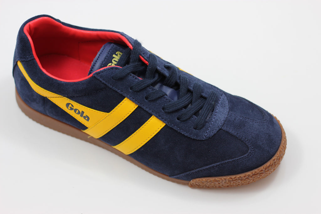 Gola  Men's Harrier Sneaker - Navy/Sun/Red Suede/Leather - Side Angle View