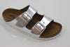 Birkenstock Women's Arizona Sandal - Metallic Silver Leather Side Angle View
