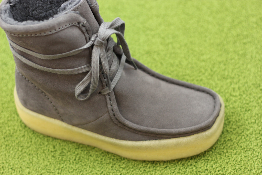 Clarks Women's Wallabee Cup High Boot - Grey Suede/Shearling Side Angle View