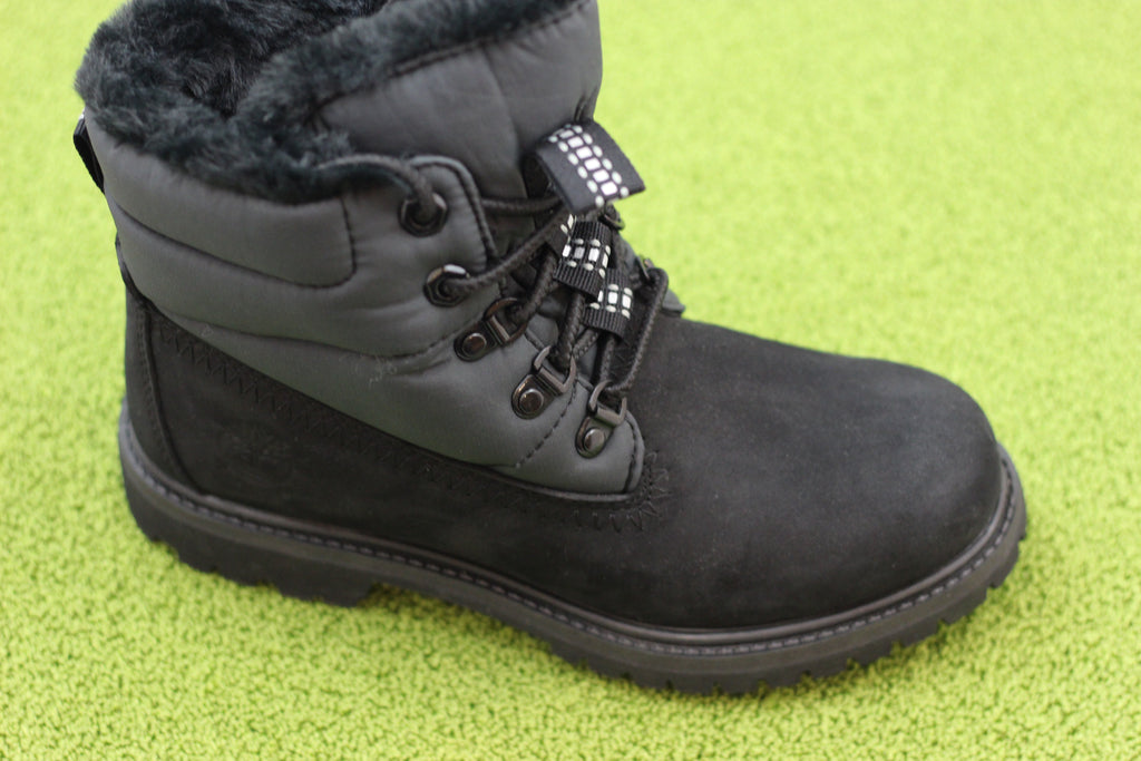 Women's 6 Inch Puffer Boot - Black Nubuck/Nylon Side Angle View