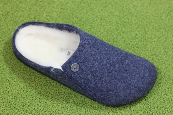 Birkenstock Women's Zermatt Slipper - Dark Blue Wool/Shearling Side Angle View